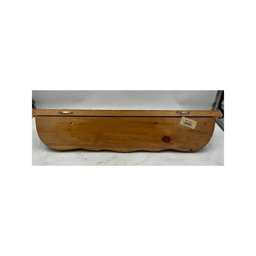 Vintage Pine Wood Wall Shelf with 3 Pegs Scalloped Edge 24 Inch Made in USA